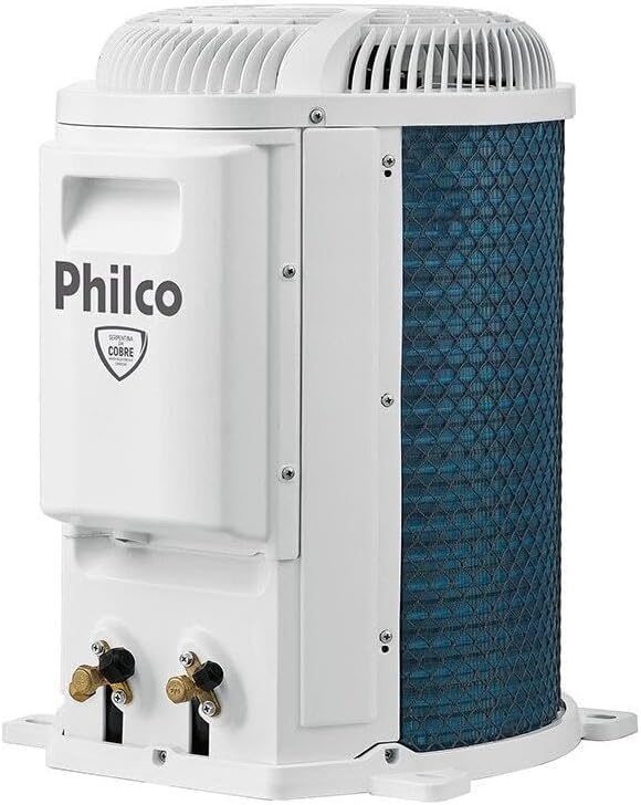 Unidade externa do ar-condicionado Philco 30000 BTUs vista lateral com laterais azuis e logo Philco.