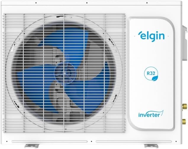 Unidade externa do ar condicionado Elgin Eco Dream com ventilador azul e grade branca.