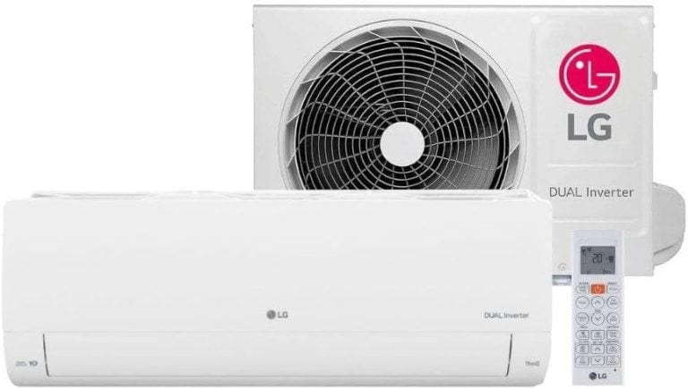Ar condicionado LG Dual + AI 12.000 BTUs com unidade interna, externa e controle remoto branco.