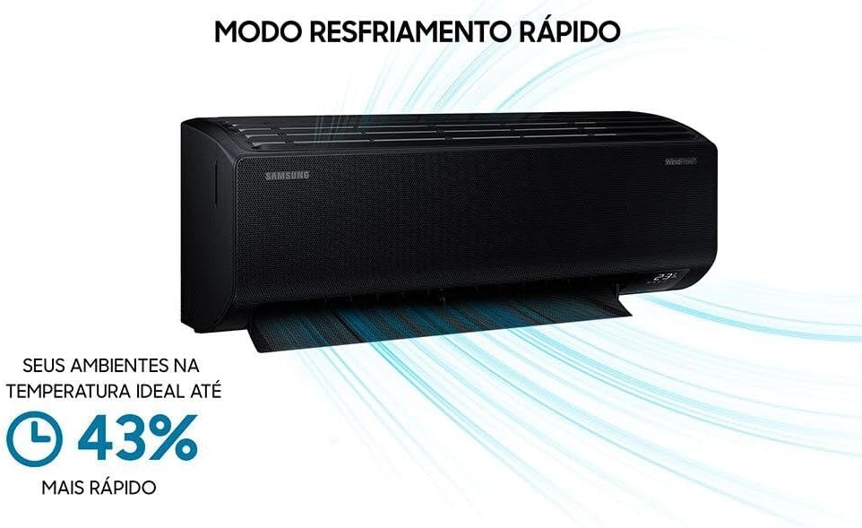 Ar-condicionado Samsung preto modo resfriamento rápido reduz temperatura 43% mais rápido.
