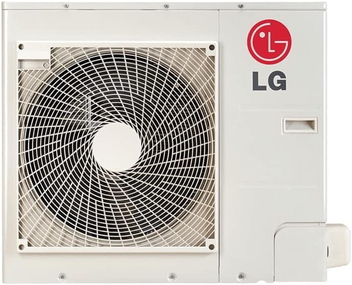 Unidade externa branca do ar condicionado LG com ventoinha circular e logo LG vermelho frontal.