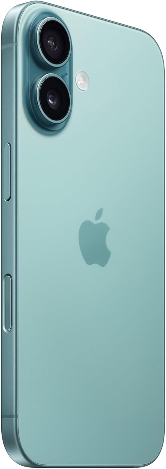 Apple iPhone 16 verde-acinzentado vista lateral mostrando câmeras traseiras duplas e botões de volume