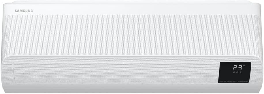 Unidade interna branca do ar-condicionado Samsung com display digital e design moderno