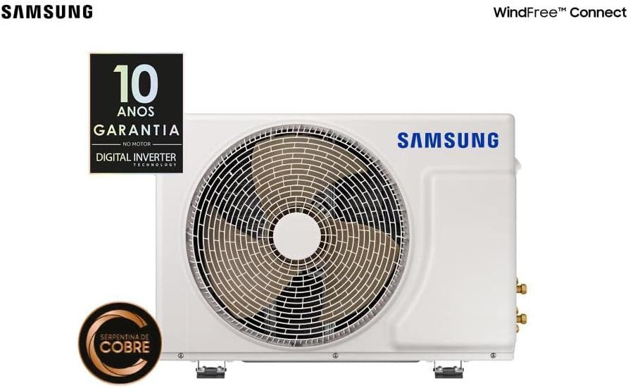Unidade externa do ar-condicionado Samsung com garantia de 10 anos no compressor e serpentina de cobre.