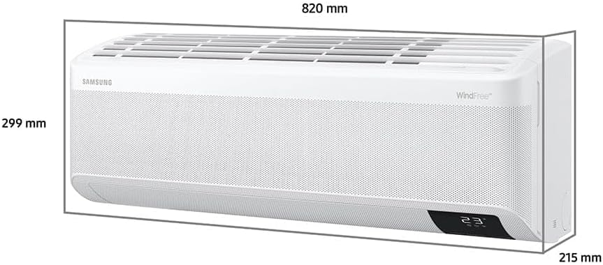 Dimensões da unidade interna do ar-condicionado Samsung WindFree Connect 12.000 BTUs: 820x299x215 mm, fundo branco.
