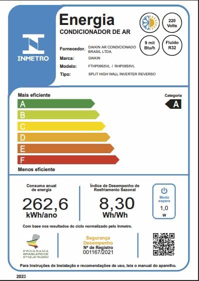 Etiqueta Inmetro com eficiência energética nível A do ar condicionado Daikin EcoSwing Gold 9.000 Btus