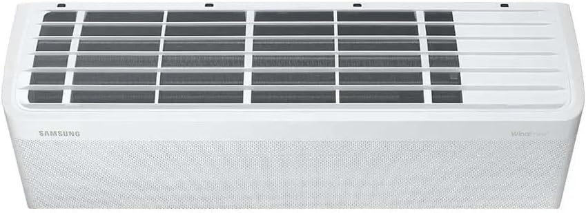 Unidade interna ar-condicionado Samsung WindFree branca vista superior com lâminas saída de ar abertas