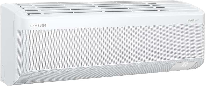Ar-condicionado split Samsung WindFree branco visto de lado com ventilação superior visível.