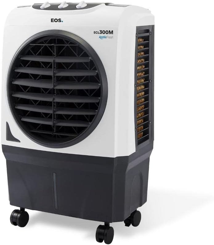 Climatizador de ar EOS ECL300M PRO 30L vista lateral destacando sistema de filtragem e rodas