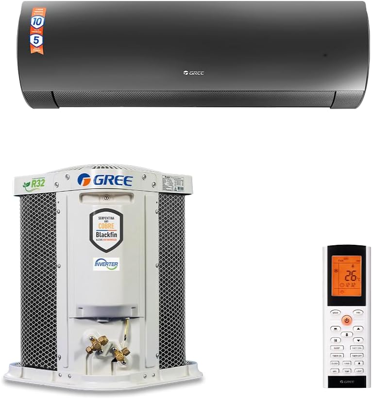 Ar condicionado Split Hi Wall Gree G-Diamond Preto 12.000 Btus com unidade interna, externa e controle remoto.
