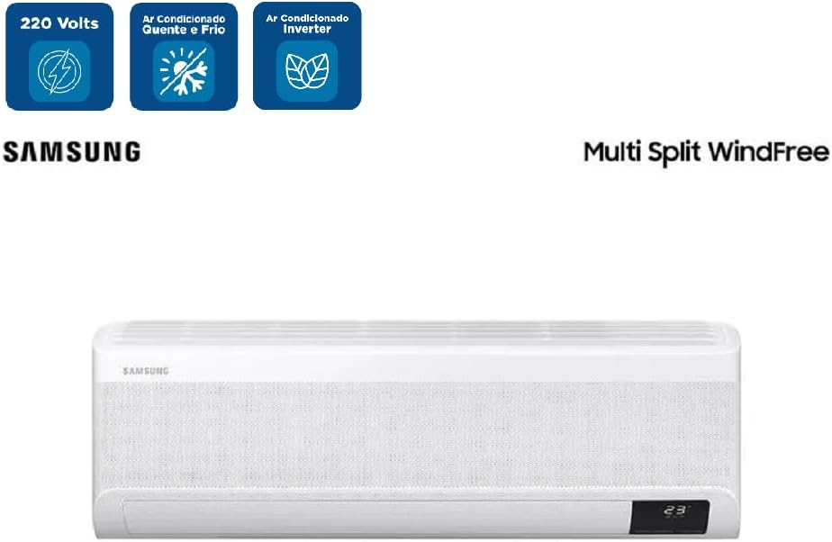 Unidade interna do ar condicionado Samsung Multi Split WindFree com ícones de funcionalidade.