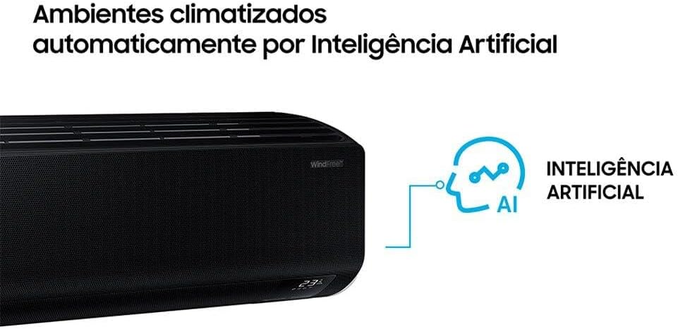 Ar-condicionado Samsung preto com ambientes climatizados automaticamente por inteligência artificial AI.