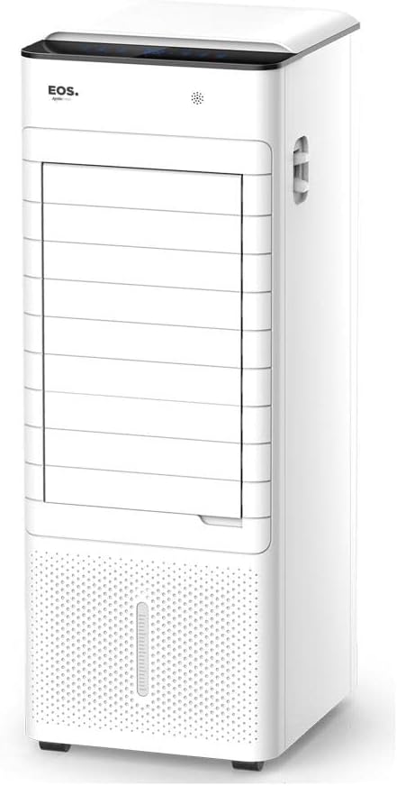 Climatizador de ar EOS branco 7 litros com persianas fechadas e painel preto superior