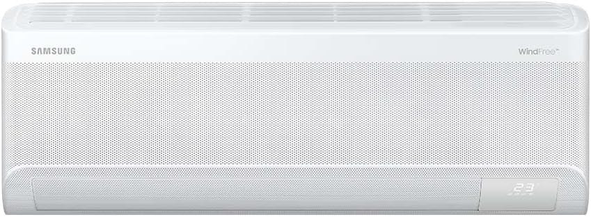 Unidade interna branca de ar-condicionado Samsung WindFree com display digital 23 graus.