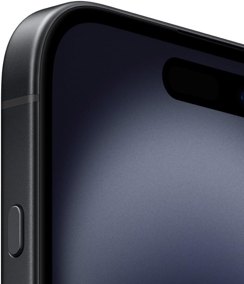 Detalhe do canto superior do Apple iPhone 16 Preto mostrando tela e moldura.