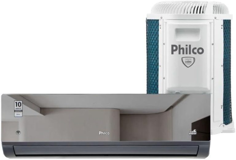 Ar Condicionado Split Inverter Philco espelhado 24000 BTUs com unidade interna cinza espelhada e unidade externa branca.