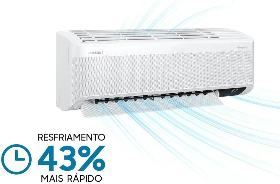 Unidade interna do ar-condicionado Samsung com fluxo de ar e indicação de resfriamento 43% mais rápido.