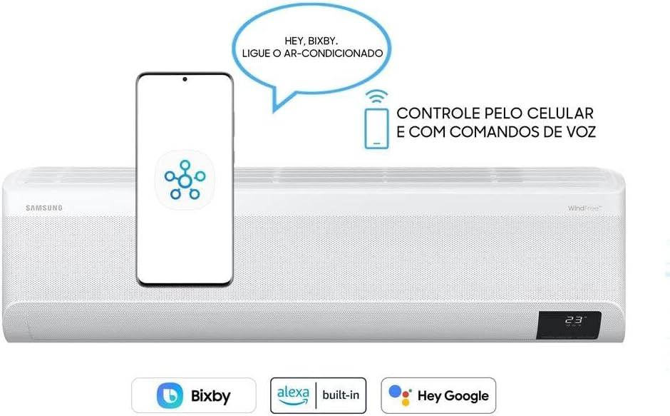 Controle por celular e comando de voz Bixby Alexa Google integrado para ar condicionado Samsung WindFree.