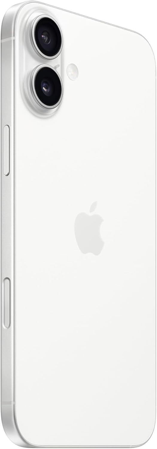 Apple iPhone 16 Plus branco vista traseira lateral destacando câmeras duplas e moldura metálica.