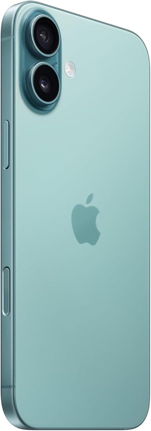 Lateral e traseira do Apple iPhone 16 Plus verde-acizentado com câmera dupla