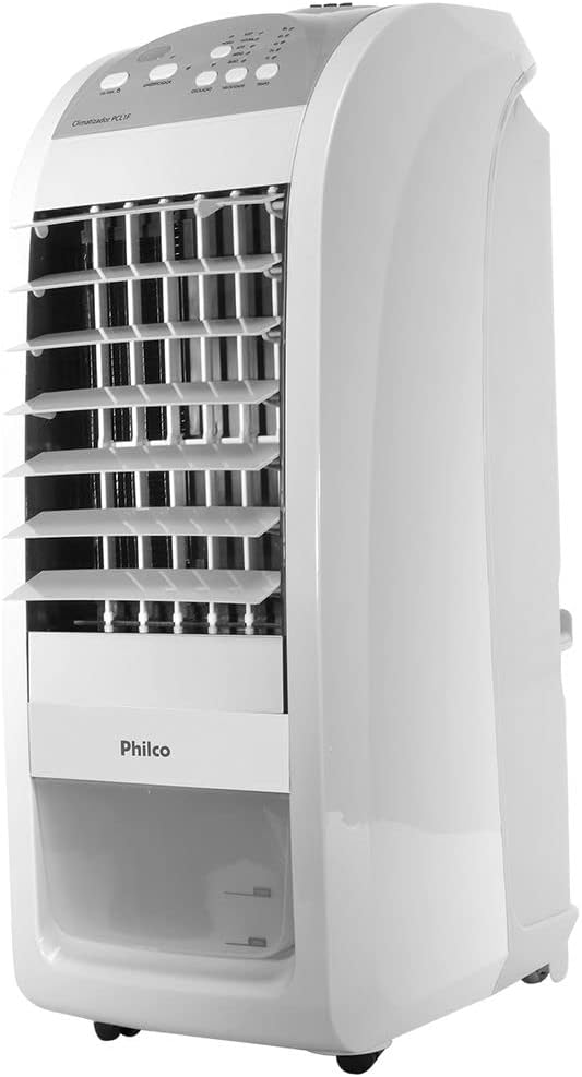 Climatizador de ar Philco 4 funções branco com persianas abertas, vista lateral