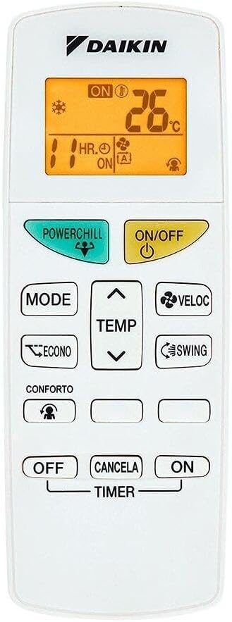 Controle remoto digital do ar-condicionado Split Inverter 12000 Btus Daikin com display e múltiplas funções.