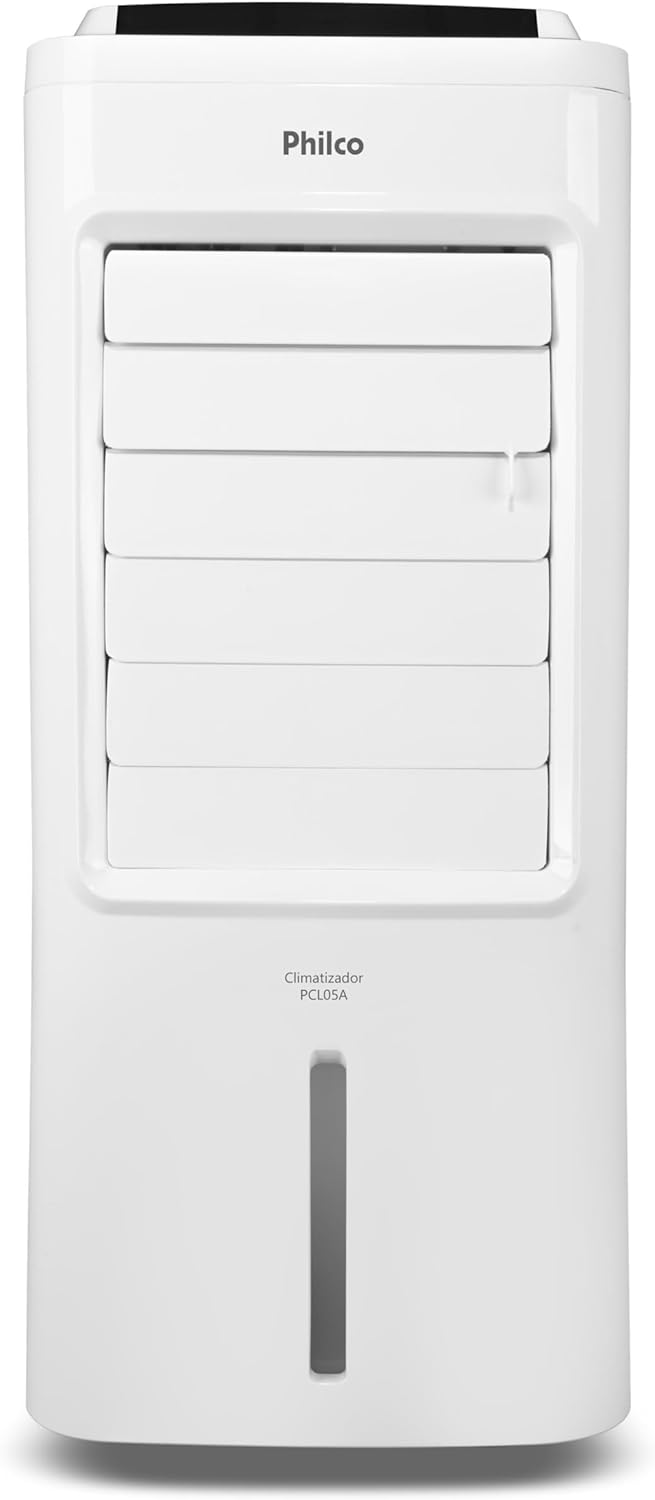 Climatizador Philco 4 em 1 PCL05A frontal branco com abas fechadas e visor de nível de água