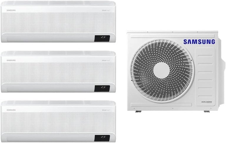 Ar-condicionado Samsung Tri-Split WindFree 24.000 BTUs com três unidades internas e uma externa branca