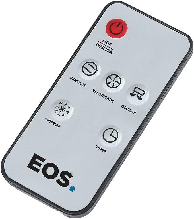 Controle remoto branco para climatizador EOS com botões de funções em português