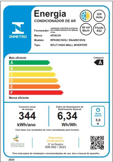 Etiqueta de eficiência energética Inmetro para ar condicionado Hitachi 9.000 Btus categoria A.