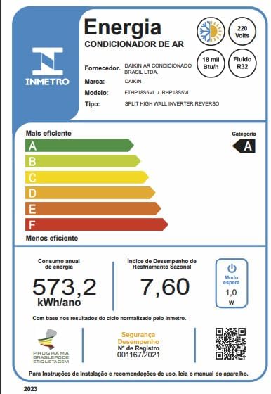 Etiqueta do Inmetro com eficiência energética A para Ar Condicionado Daikin 18000 Btus, consumo e detalhes técnicos