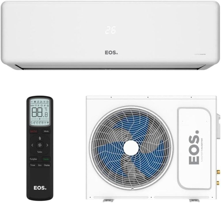 Ar-condicionado split EOS 24000 BTUs com controle remoto e unidade externa visíveis