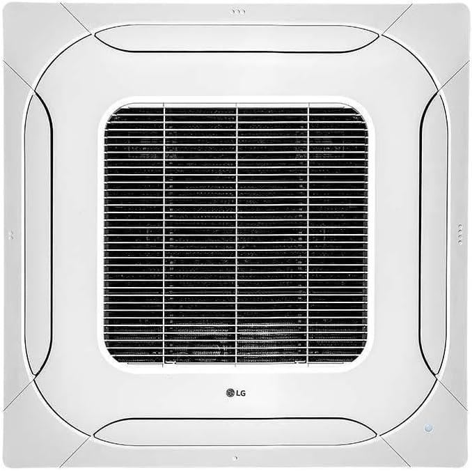 Close da unidade interna do ar condicionado LG Split Cassete, frontal branco com grade e logo LG.