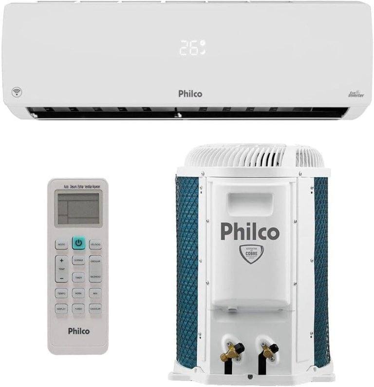 Unidade interna, controle remoto e unidade externa do ar-condicionado Split inverter Philco 9000 Btus