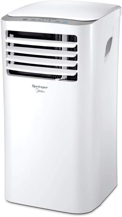 Ar Condicionado Portátil Springer Midea 12.000 BTUs branco vista lateral com alça e painel superior