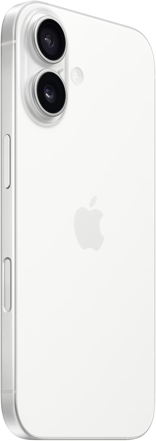 Detalhe traseiro do Apple iPhone 16 branco destacando câmeras e borda lateral.