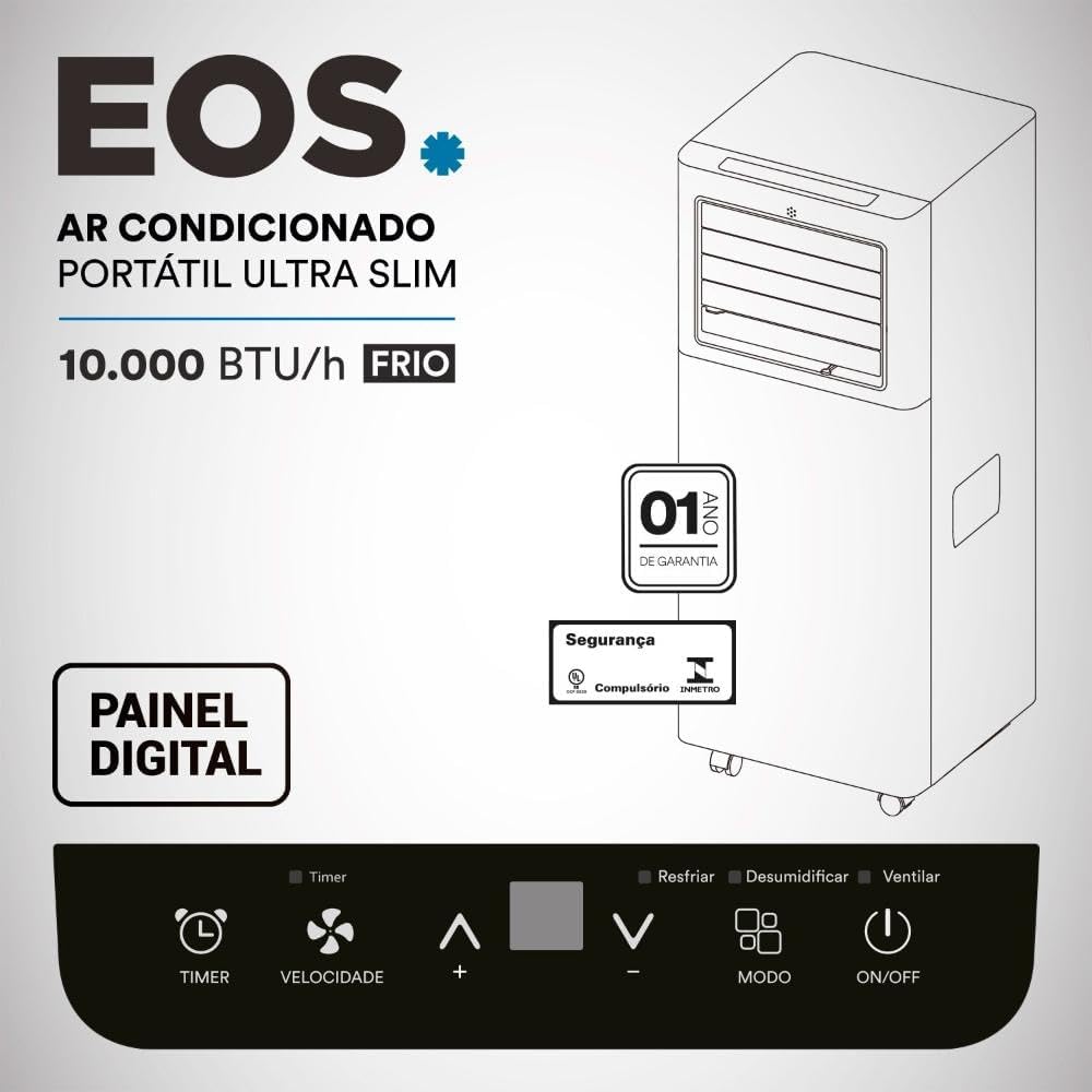 Promoção ar-condicionado portátil EOS Ultra Slim 10.000 BTU/h com painel digital e garantia de 1 ano