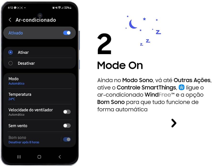Configuração e ativação do modo sono no ar condicionado Samsung WindFree via aplicativo