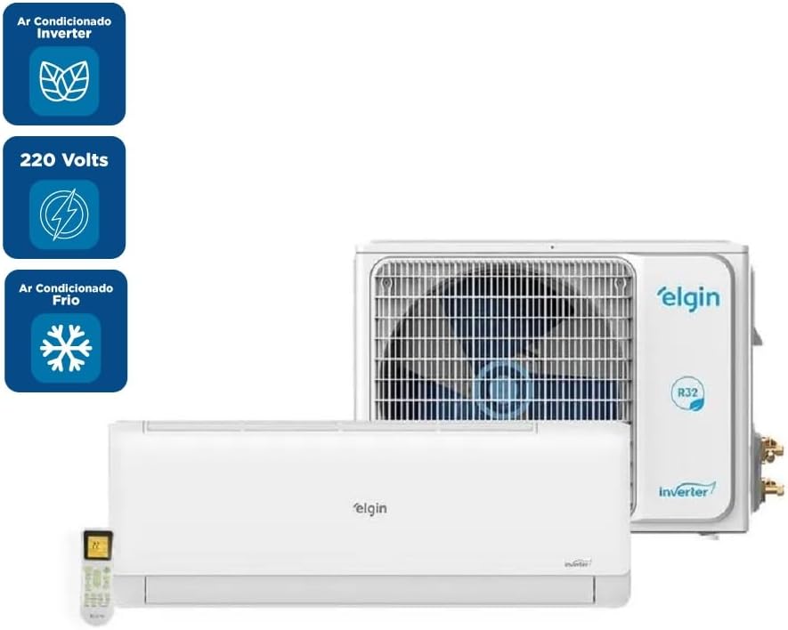 Ar Condicionado Split Elgin Eco Inverter 12000 BTU 220V com controle remoto e ícones técnicos