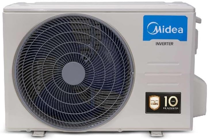 Unidade externa do ar condicionado Split Midea Inverter branca com selo de 10 anos.