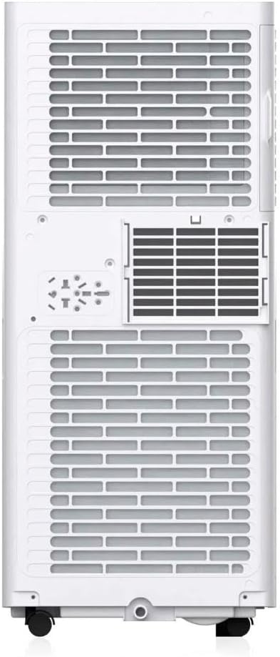 Parte traseira do ar-condicionado portátil branco EOS com grades de ventilação e compartimento de conexões