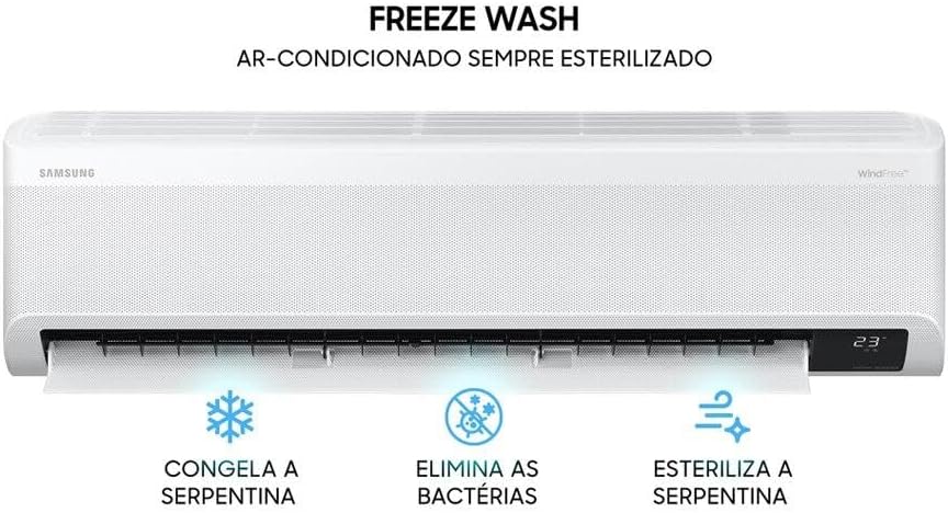 Ar condicionado Samsung WindFree função Freeze Wash esteriliza serpentina elimina bactérias e congela.