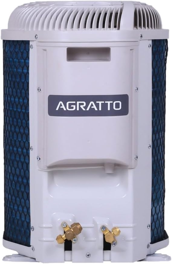 Unidade externa do ar-condicionado split HW Agratto One Top 12.000 BTUs só frio, estrutura branca e grelha azul.