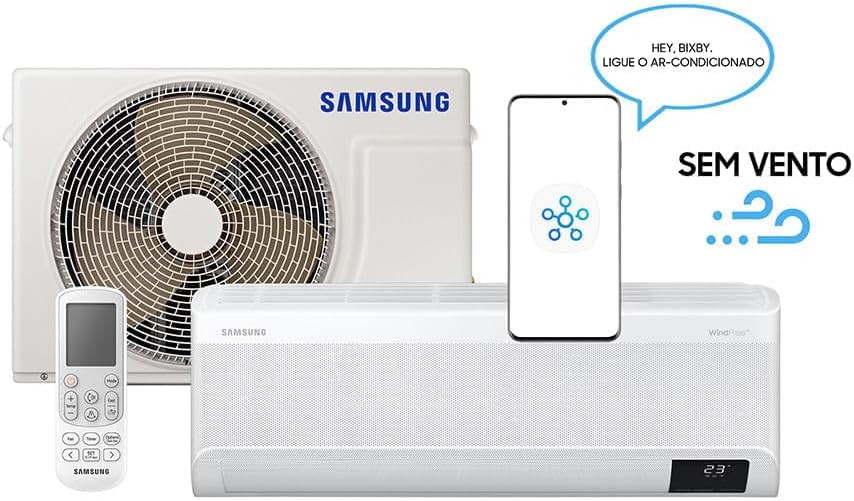 Ar-condicionado Samsung WindFree Connect 12.000 BTUs com controle por voz via smartphone e Bixby, unidade interna e externa com controle remoto.