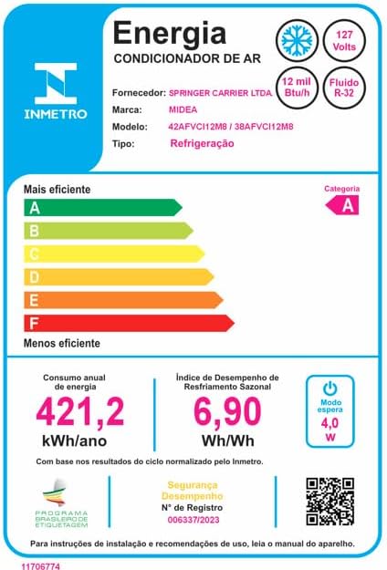 Etiqueta de eficiência energética Inmetro para ar condicionado Midea 12000 Btus modelo 42APVCI12M8