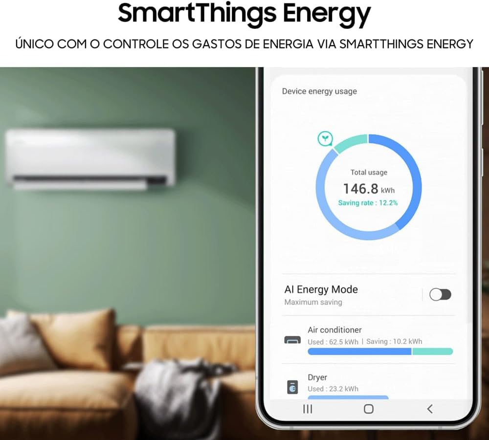 Smartphone com app SmartThings Energy mostrando economia de energia ar-condicionado Samsung instalado.