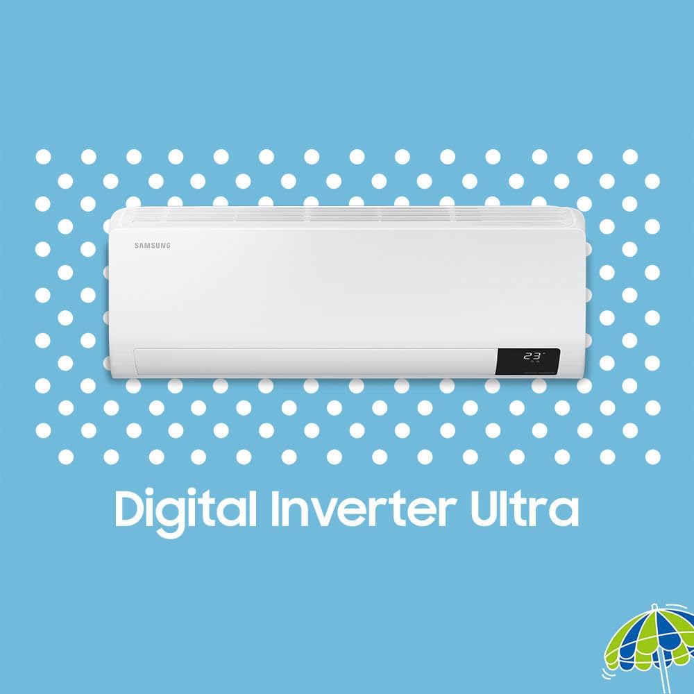 Unidade interna do ar-condicionado Samsung Digital Inverter Ultra 12.000 BTUs na cor branca com fundo azul