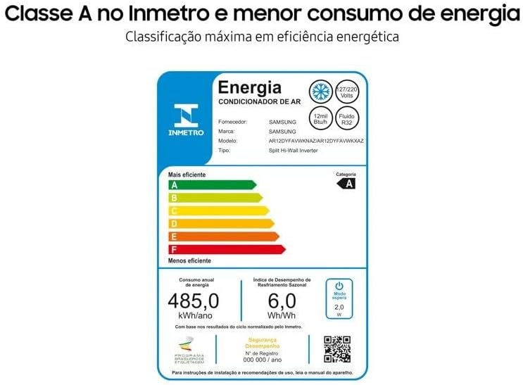 Etiqueta Inmetro com classificação energética A para ar condicionado Samsung 12.000 Btus.