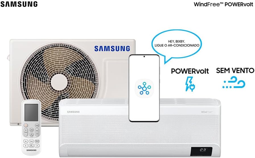 Ar condicionado Samsung WindFree POWervolt 12000 Btus controlador remoto e comando por voz.