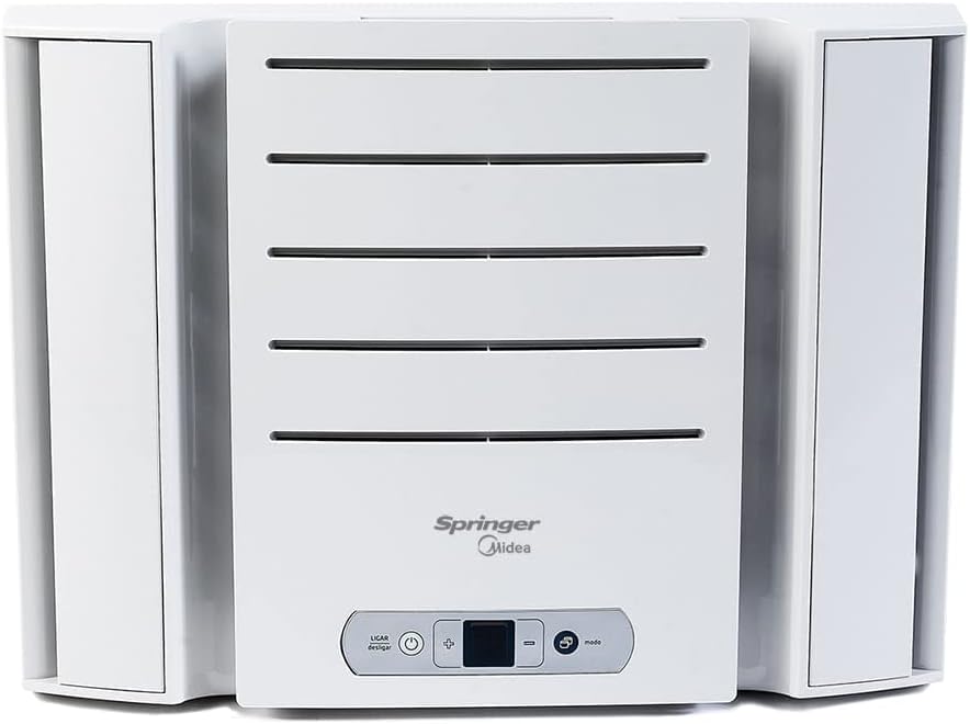 Ar condicionado janela branco Springer Midea 10000 BTU com grelhas laterais fechadas.